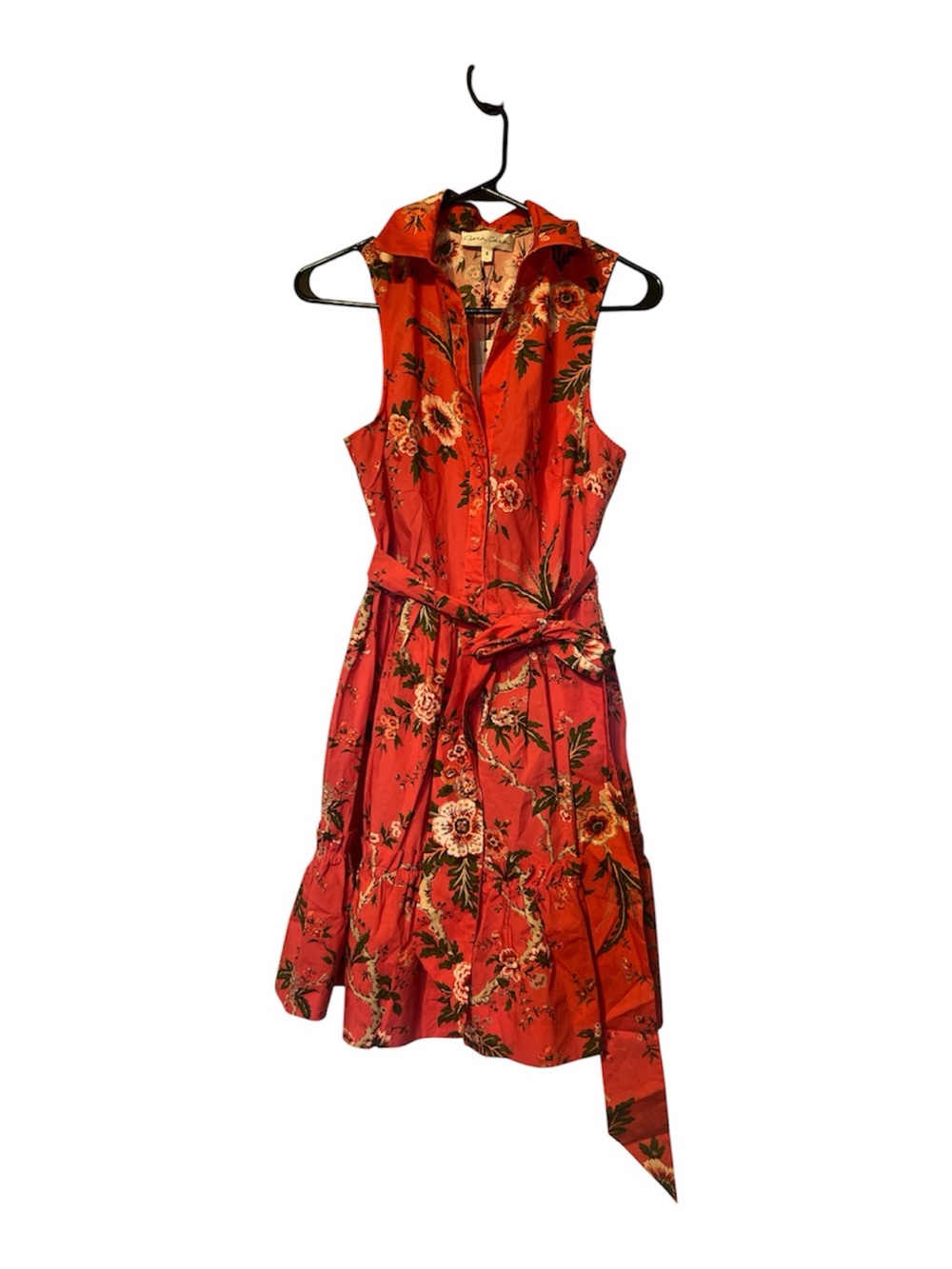 Cara Cara Coral-Red Floral Tie-Waist Mini Dress